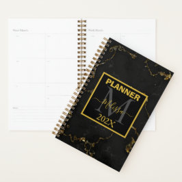 Agenda Monograma Mínimo Preto e Dourado Marbled