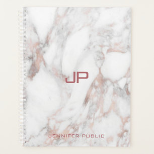 Agenda Monograma Moderno de Mármore Branco rosa Dourado