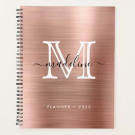 Agenda Monograma moderno Dourado com Rosa de metal escova