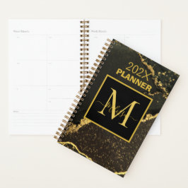 Agenda Monograma moderno Dourado e preto marmoreado