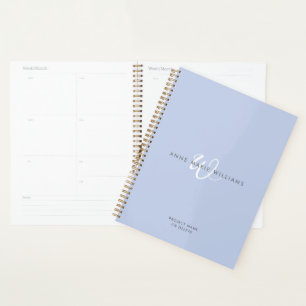Agenda Monograma Moderno em Azul e Branco com Letra de Fo