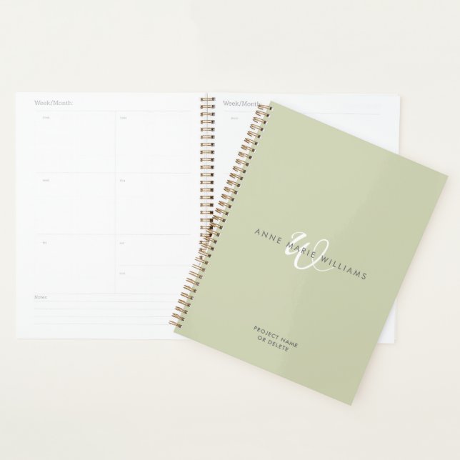 Agenda Monograma Moderno em Verde Sage Branco Script (Exibição)