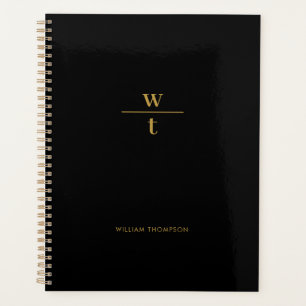 Agenda Monograma Moderno Preto Elegante Dourado
