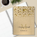 Agenda Monograma Nome Dourado Glitter Stars 2023<br><div class="desc">Este planejador de na moda é decorado com estrelas de ouro sujas e gotejantes em um fundo dourado brilhante. Facilmente personalizável com seu nome,  monograma e ano.</div>