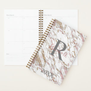 Agenda Monograma Nome Inicial Branco Cinza Dourado Rosa M