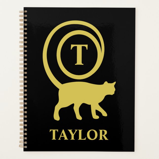 Agenda Monograma Nome Inicial Gata Amante de Gatos Preto  (Frente)