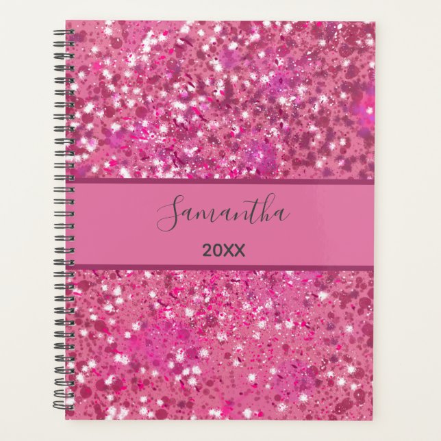 Agenda Monograma Nome Rosa Quente Glitter Sparkle Girly G (Frente)