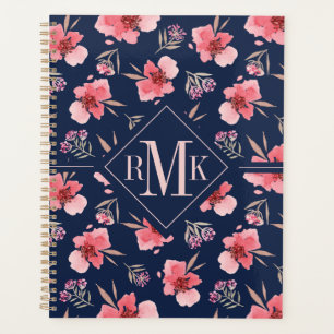 Agenda Monograma Padrão de Aquarela Rosa Escuro