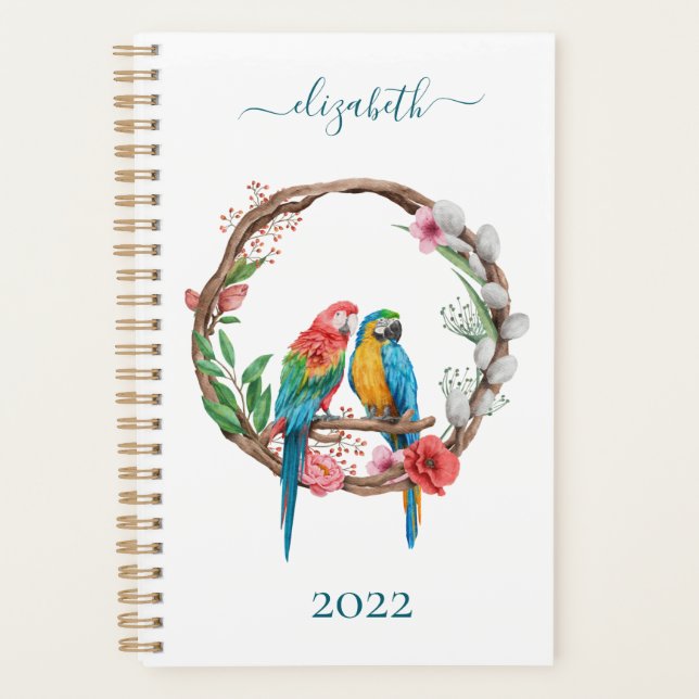 Agenda Monograma Parrots Macaw Birds Coloridos Floral (Frente)