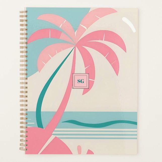Agenda Monograma pastel praia tropical rosa e lacrimejo (Frente)