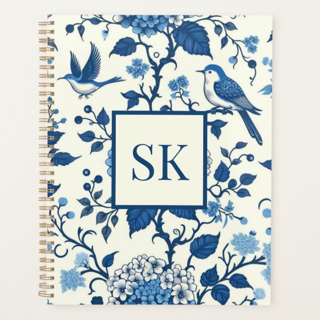 Agenda Monograma Personalizado Chinoiserie Azul e Branco (Frente)