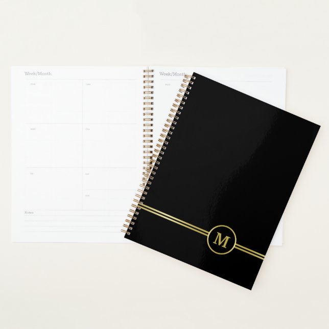 Agenda Monograma personalizado de ouro elegante a preto (Exibição)