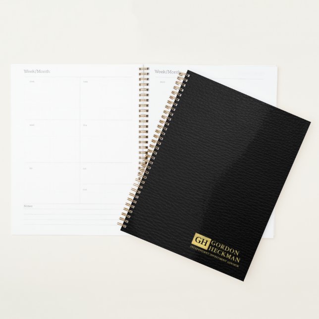 Agenda Monograma Personalizado de Textura de Couro Preto  (Exibição)