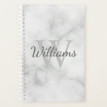 Agenda Monograma Personalizado e Marca Marble Look<br><div class="desc">Monograma Personalizado e Dif de Nome apresentam nome personalizado no estilo de fonte do script da cinza e monograma no estilo de fonte da cinza-luz como fundo, no fundo da aparência do mármore branco. Perfeito como presente para ele, presente de dia de os pais e presente para qualquer ocasião especial....</div>