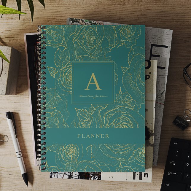 Agenda Monograma personalizado moderno e elegante e verde (Criador carregado)