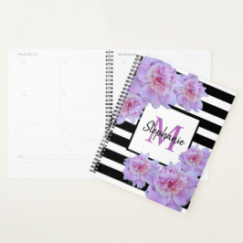 Agenda Monograma Pink Peony Flor Black Stripe Roxo Púrpur