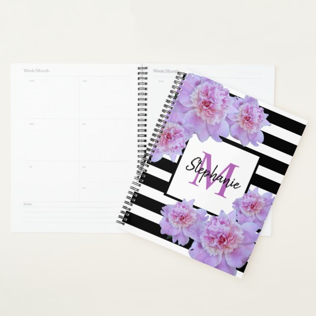 Agenda Monograma Pink Peony Flor Black Stripe Roxo Púrpur (Exibição)