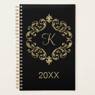 Agenda Monograma Preto Dourado Brilho Chic Moderno Elegan
