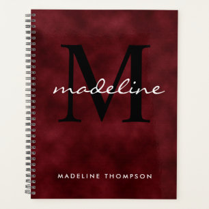 Agenda Monograma Preto Elegante de Script Red Velvet