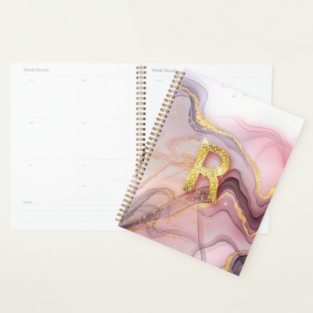 Agenda Monograma R Rosegold Pink Glitter Girly Gift (Exibição)