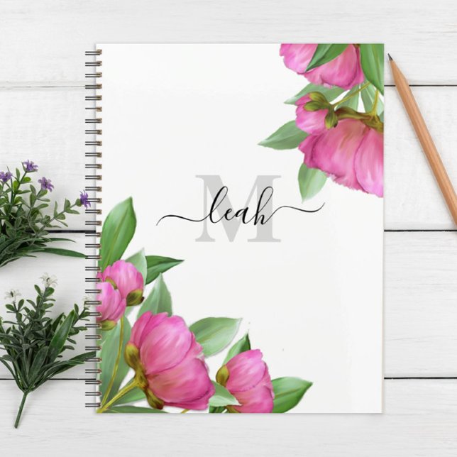Agenda Monograma Rosa Aquarela Floral Personalizado (Criador carregado)