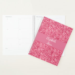 Agenda Monograma Rosa Brilho Branco Tendência Glam Anual