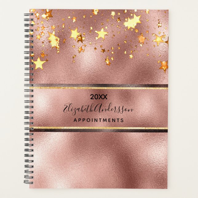 Agenda monograma rosa dourado das estrelas elegantes (Frente)