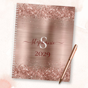 Agenda Monograma Rosa Dourado Faux-Glitter Girly Glam
