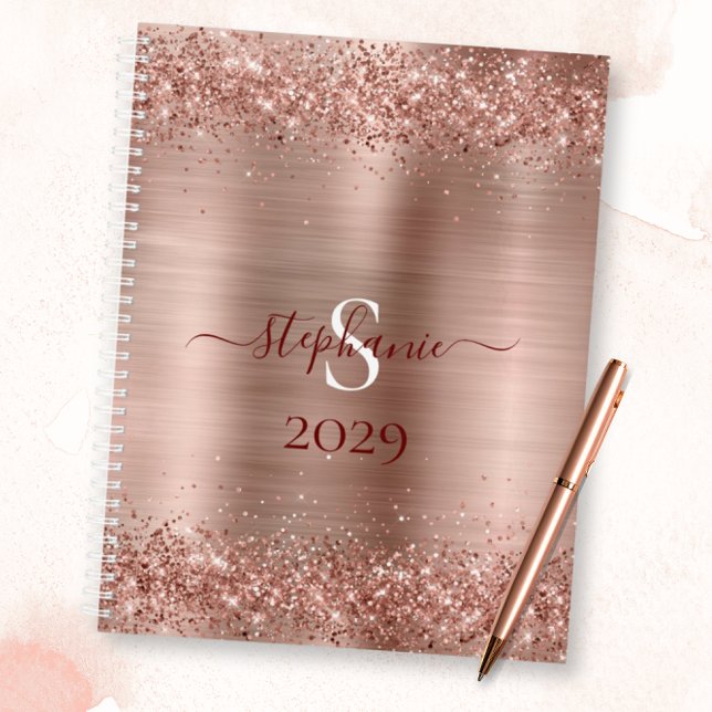 Agenda Monograma Rosa Dourado Faux-Glitter Girly Glam (Monogram Rose Gold Faux-Glitter Girly Glam Planner)