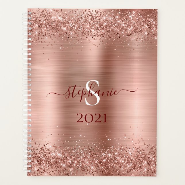 Agenda Monograma Rosa Dourado Faux-Glitter Girly Glam (Frente)