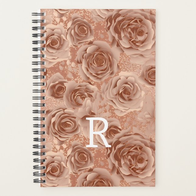 Agenda Monograma Rosa Floral Dourado (Frente)