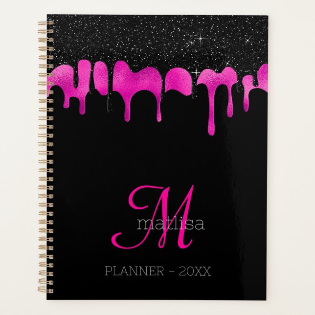 Agenda Monograma Rosa Quente e Glitter Coletor Preto (Frente)