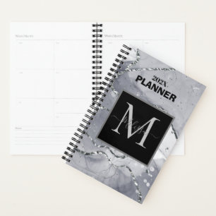 Agenda Monograma Simples de Prata Moderna Marmoreado
