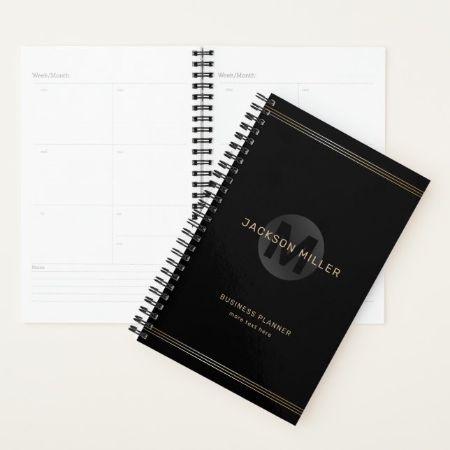 Agenda Monograma simples e personalizado preto-e-ouro (Exibição)