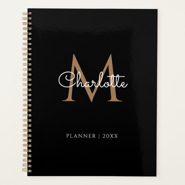 Agenda Monograma Simples Preto e Dourado Script 2023 (Frente)