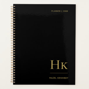 Agenda Monograma Simples Preto Elegante Dourado Personali