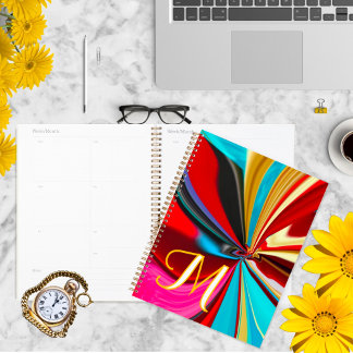 Agenda Monograma Única Azul Vermelho Dourado Líquido Abst