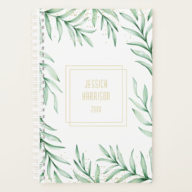 Agenda Monograma Verde Elegante Cores de Água Pequenas (Frente)