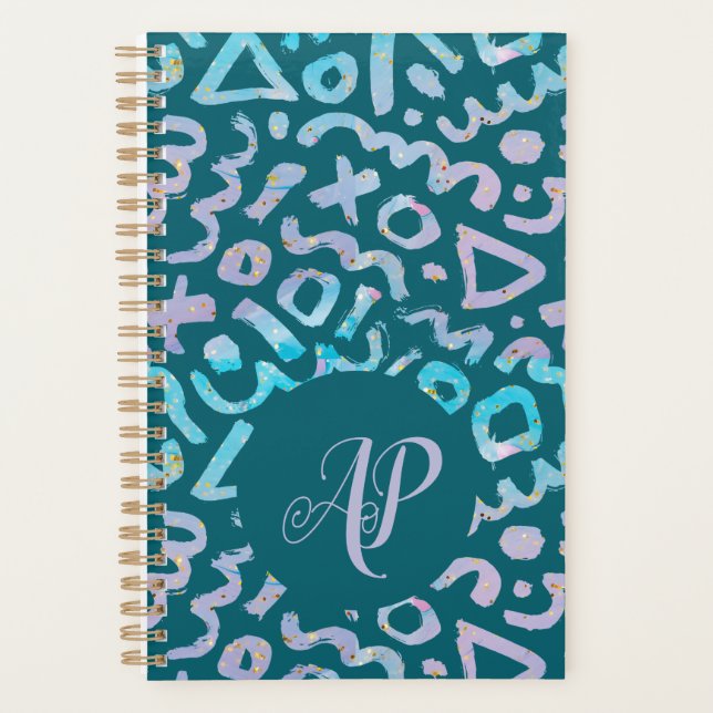 Agenda Monograma verde geométrico do meio século (Frente)