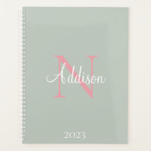 Agenda Monograma Verde Sage Personalizado Rosa
