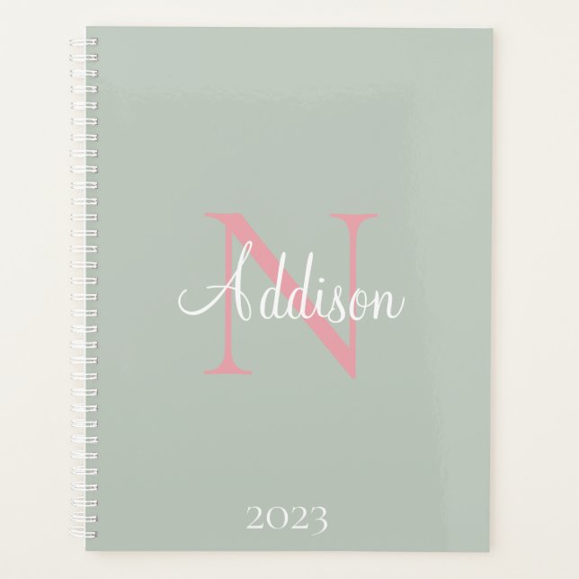 Agenda Monograma Verde Sage Personalizado Rosa (Frente)