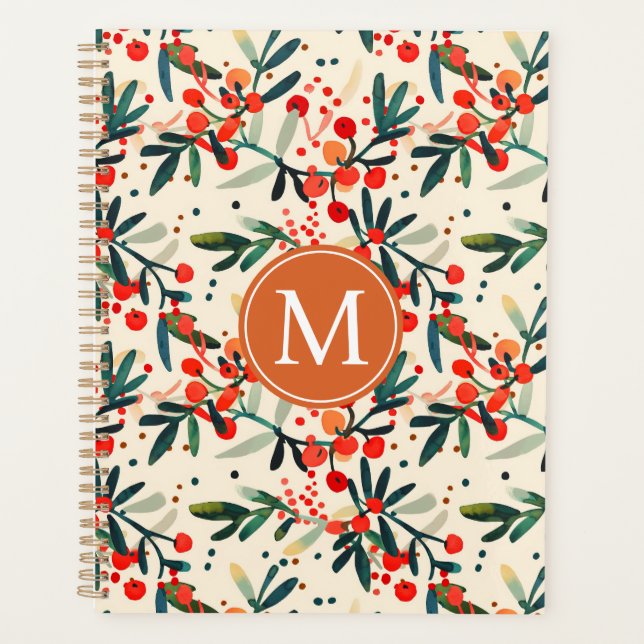 Agenda Monograma Vermelho de Natal Moderno Holly Berries (Frente)
