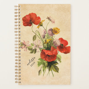 Agenda Monograma Vintage Buquê Rustic Red Poppies Beige