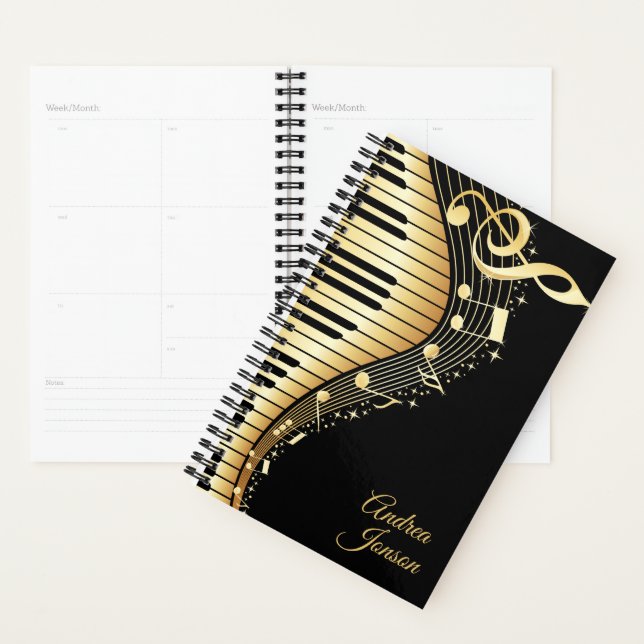 Agenda Monogramas Black E Dourado Music Notes Design (Exibição)