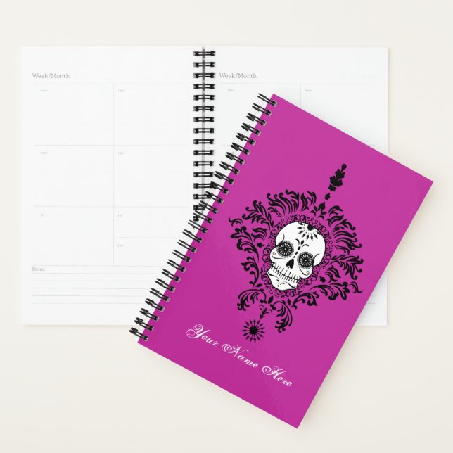 Agenda Morto Damask Chic Sugar Skull Black on Purple (Exibição)