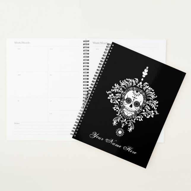 Agenda Morto Damask Chic Sugar Skull White em Preto (Exibição)