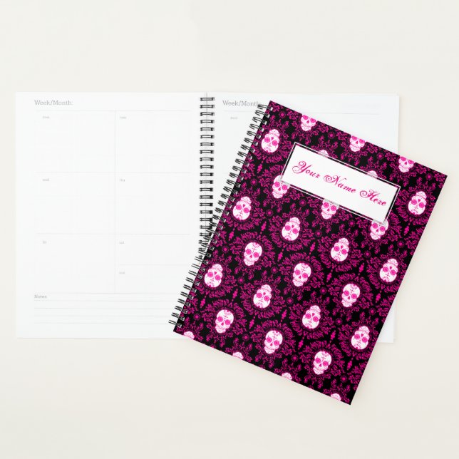 Agenda Morto Damask Chic Sugar Skulls Rosa em Preto (Exibição)