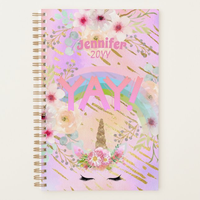 Agenda Motivação de Meninas de Rosto Dourado Rosa Unicorn (Frente)