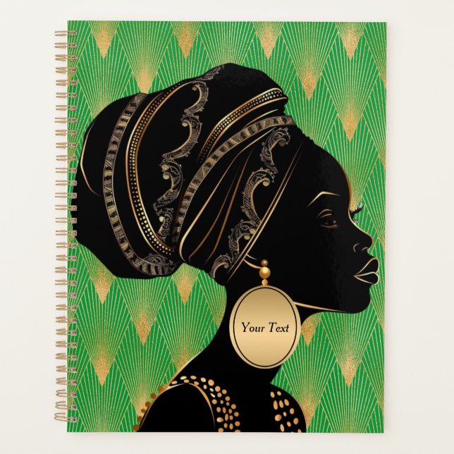 Agenda Mulher Afro-Americana Personalizada Dourada Verde (Frente)