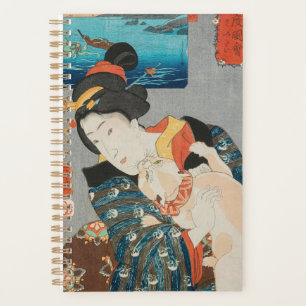 Agenda Mulher brincando com Cat Vintage Impressão japon